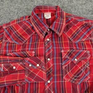 True Religion Shirt Mens 3XL Red Plaid Western Cowboy Long Sleeve Pearl Snap